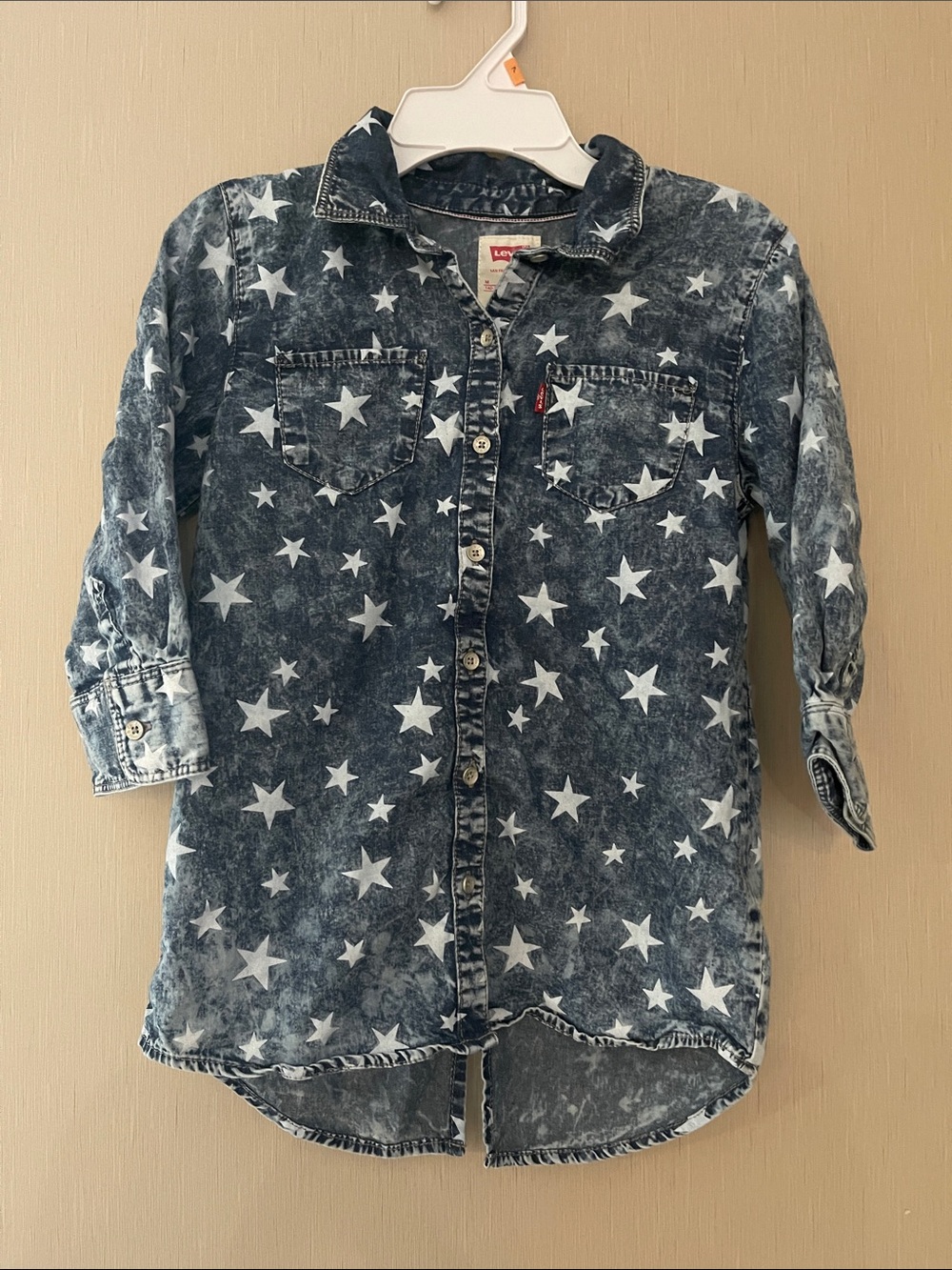 Levi's medium 10 12 Acid-Wash Denim Star Shirt tunic Dress Blue White split back